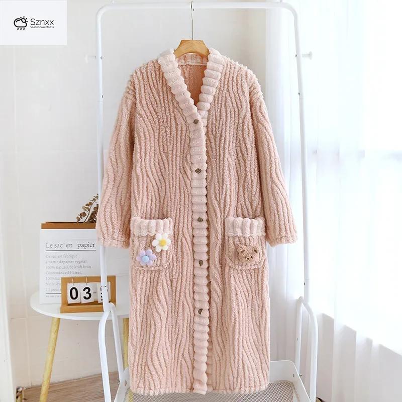 Cozy Flannel Plush Long Sleep Dress Knee-length
