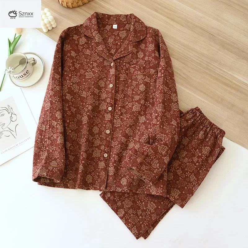 Womens Cotton Gauze Jacquard Long Pajama Set