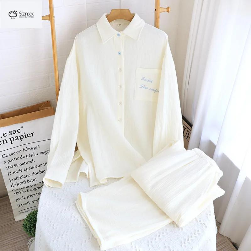 Soft Cotton Crepe Womens Long Pajama Set