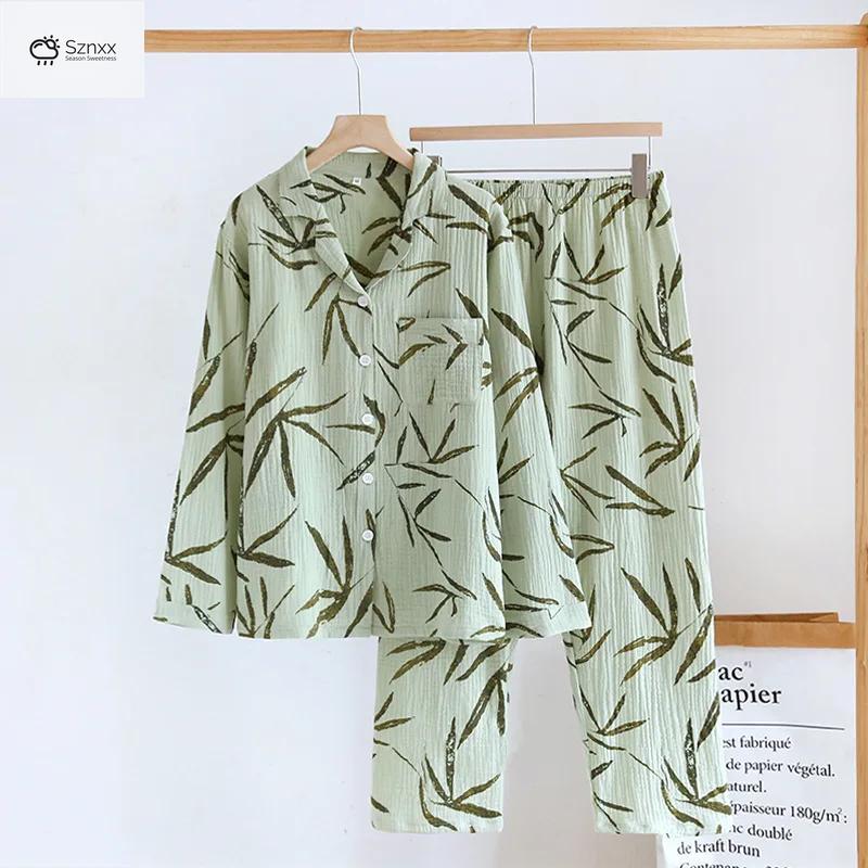 Womens Breathable Cotton Crepe Long-sleeve Pajama Set