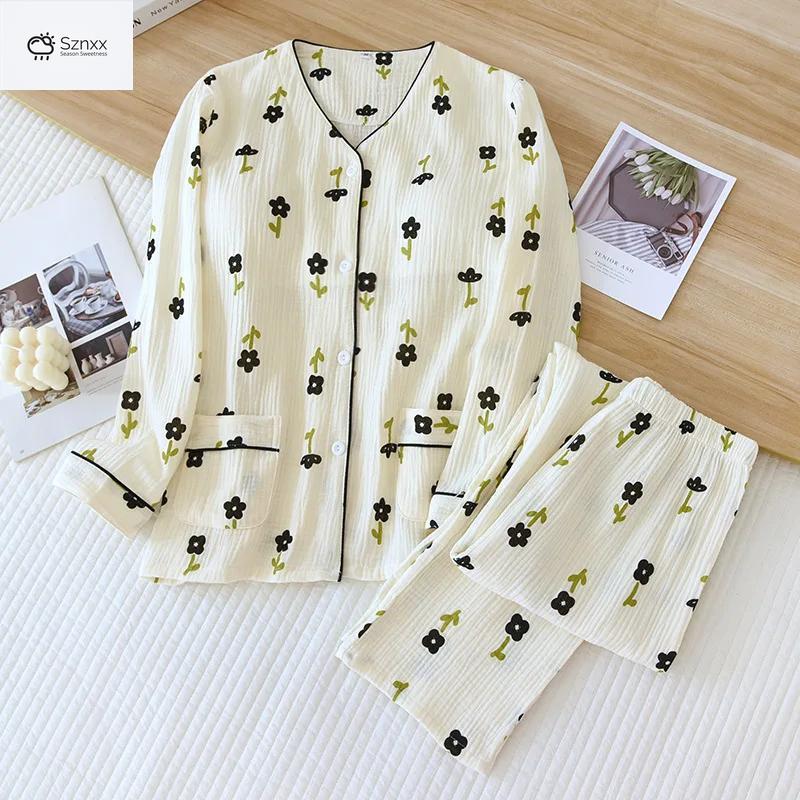 Floral Crepe Cotton Long-sleeve Pajama Set With Chest Pad