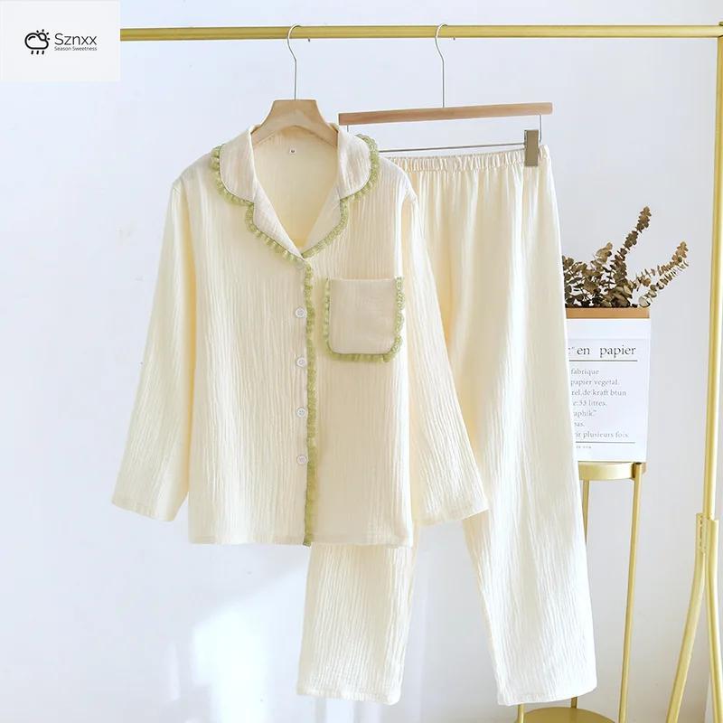 Womens Crepe Cotton Lapel Pajama Set Loose Fit