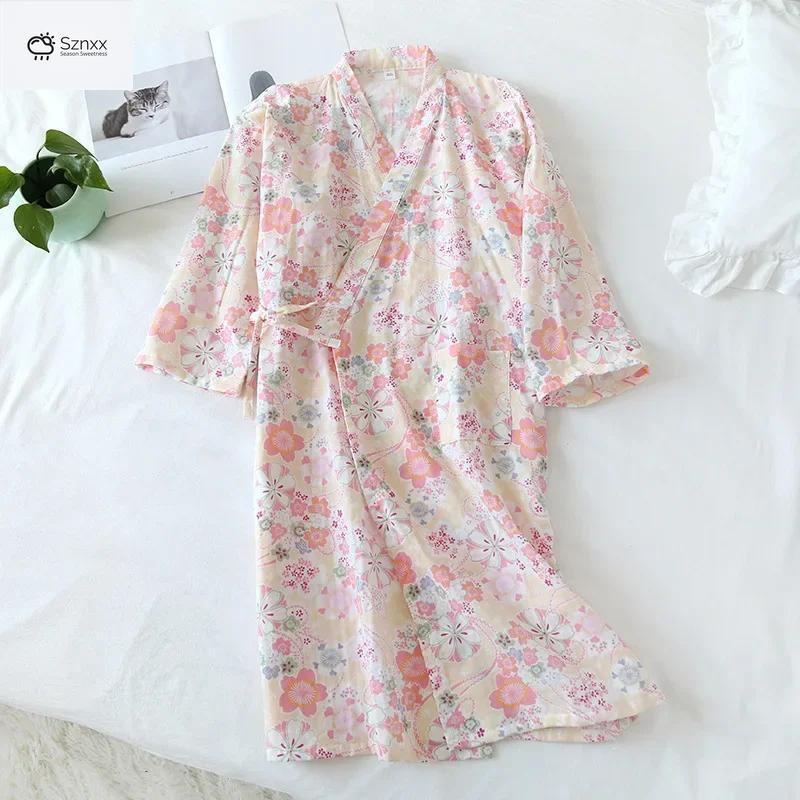 Japanese Cotton Floral Kimono Nightgown With Three-quarter Sleeves