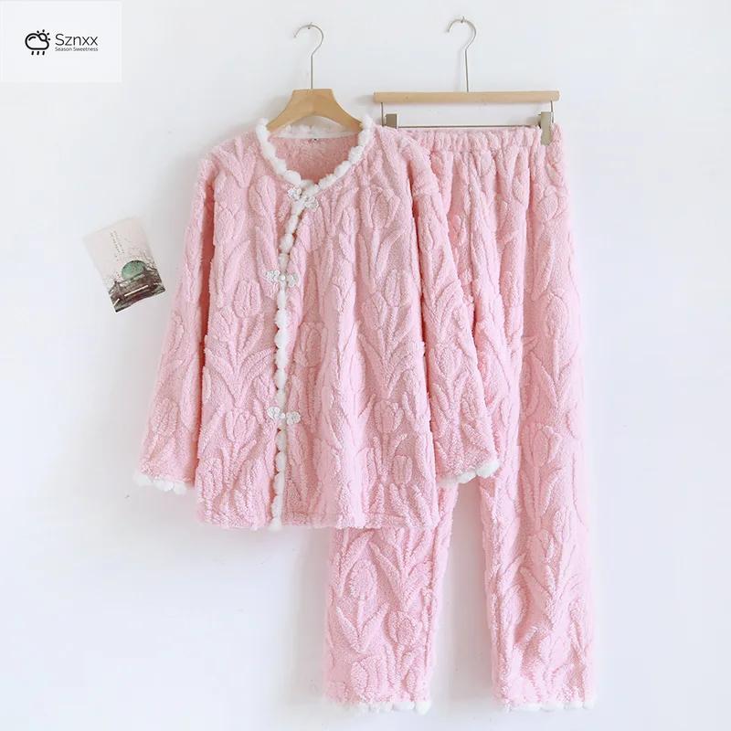 Womens Thickened Coral Fleece Pajama Set