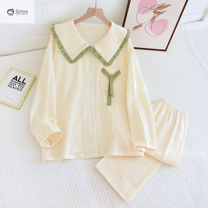 Soft Cotton Crepe Long-sleeve Pajama Lounge Set