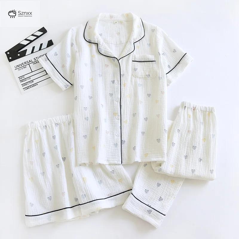 Womens Breathable Cotton Crepe Three-piece Pajama Set