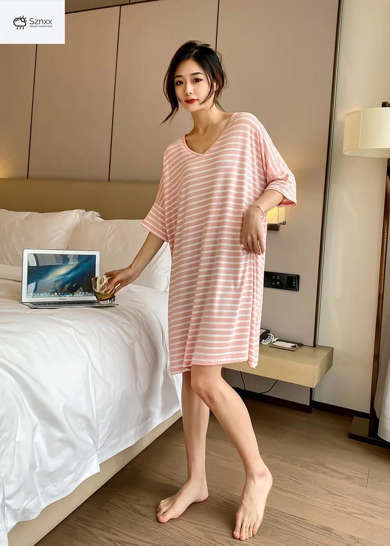 Striped Modal Short-sleeve Nightgown With Skirt Hem