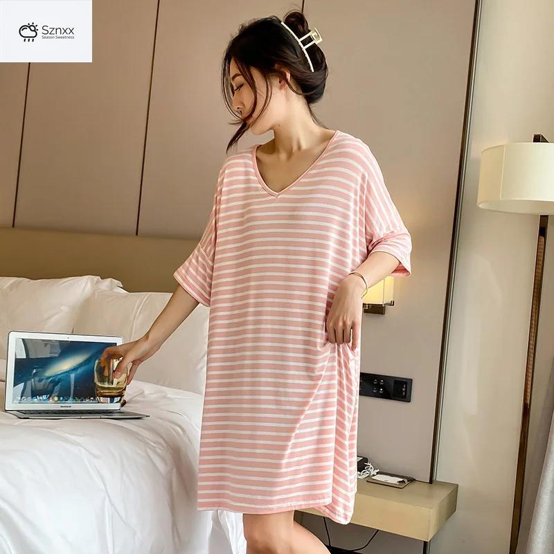 Striped Modal Short-sleeve Nightgown With Skirt Hem