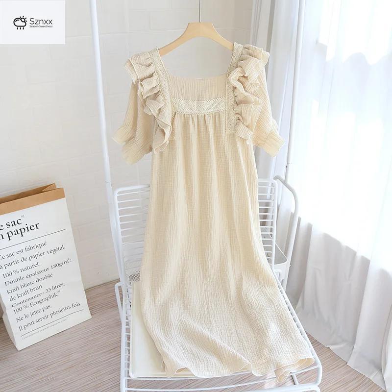 Palace-style Cotton Crepe Lotus Sleeve Nightdress