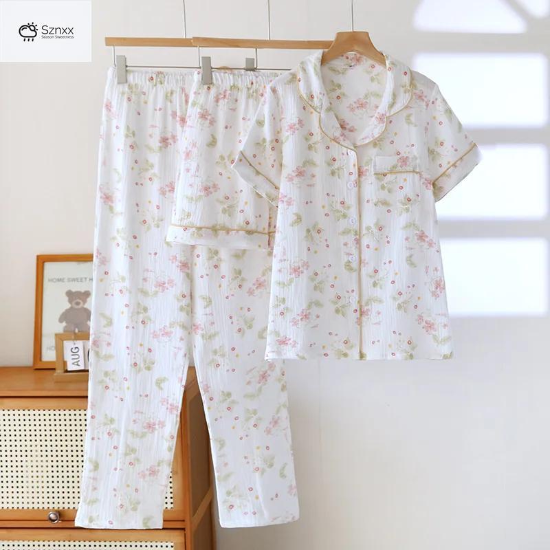 Womens Cotton Crepe Thin Pajama Three-piece Set