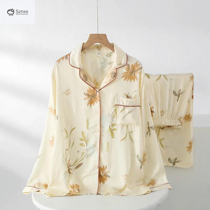 Womens Floral Viscose Long Sleeve Pajama Lounge Set