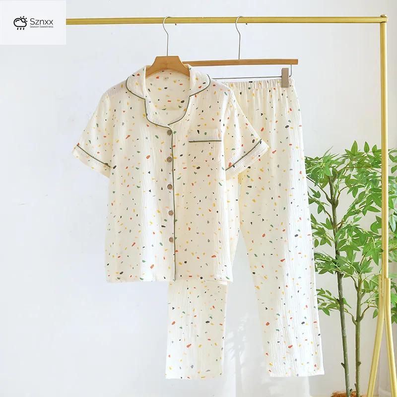 Womens Cotton Crepe Short Sleeve Pajama Lounge Set