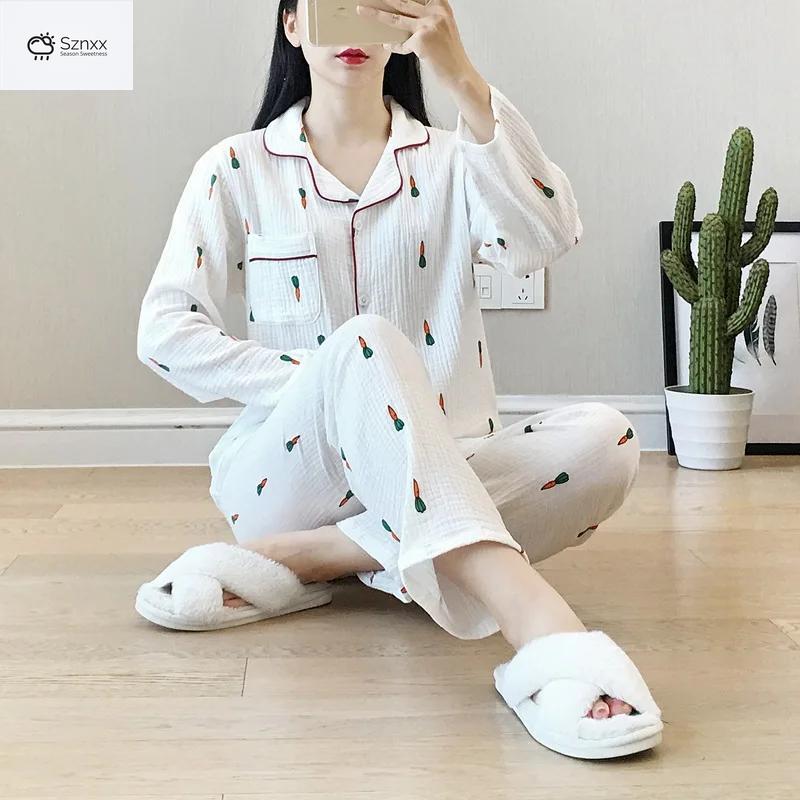 Womens Cotton Crepe Long-sleeve Pajama Lounge Set