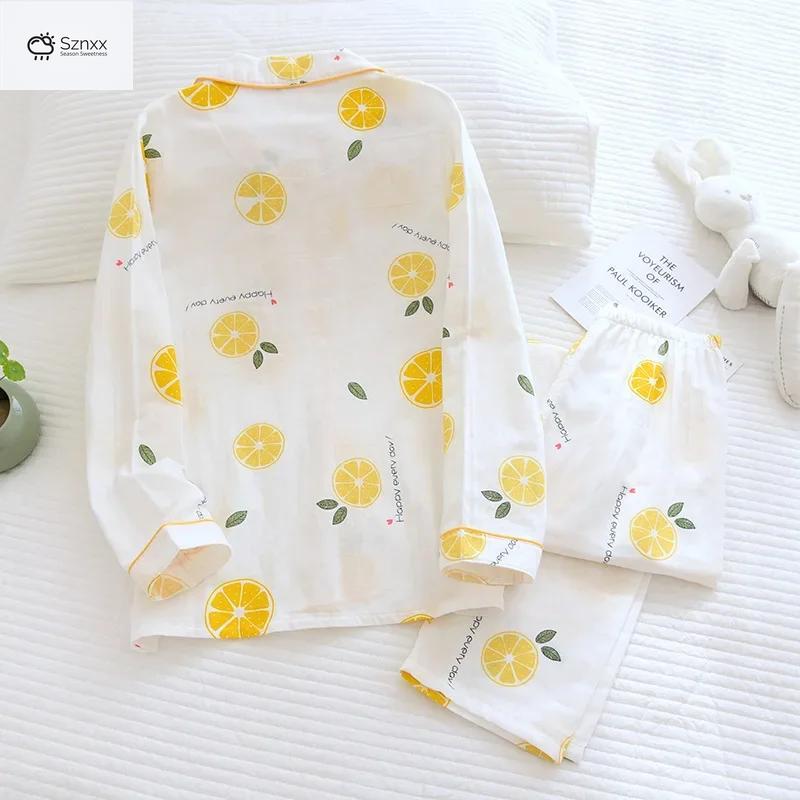 Womens Cotton Gauze Lapel Pajama Set