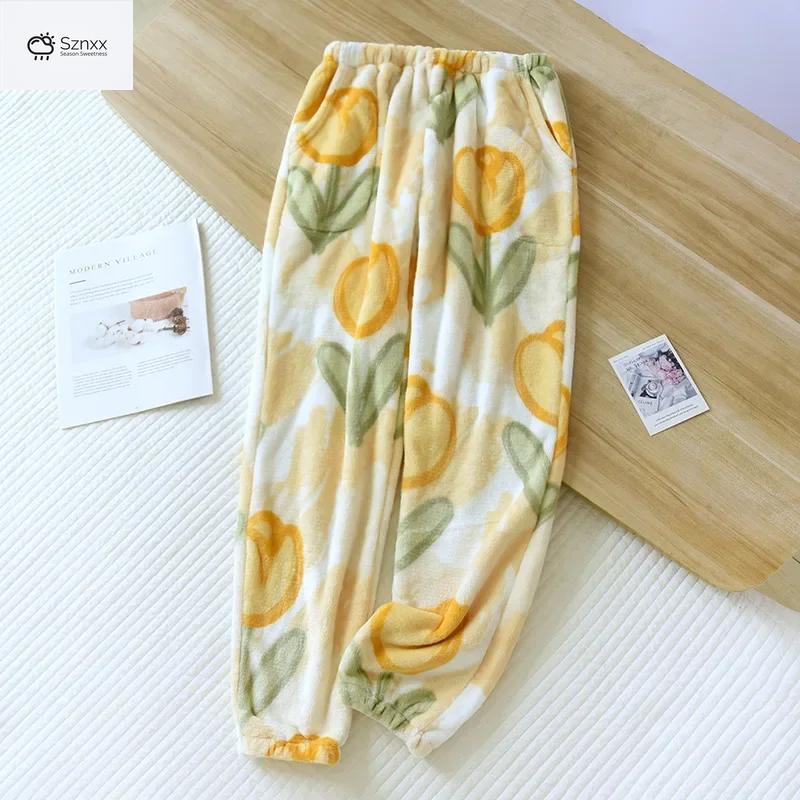Womens Thickened Flannel Plush Coral Velvet Pajama Pants
