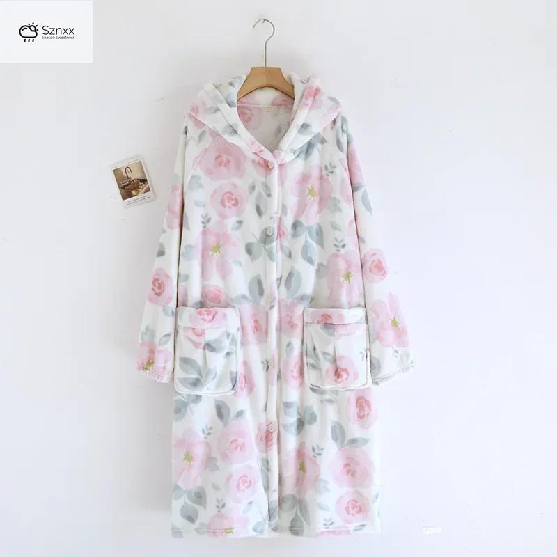 Soft Hooded Velvet Flannel Womens Sleep Robe