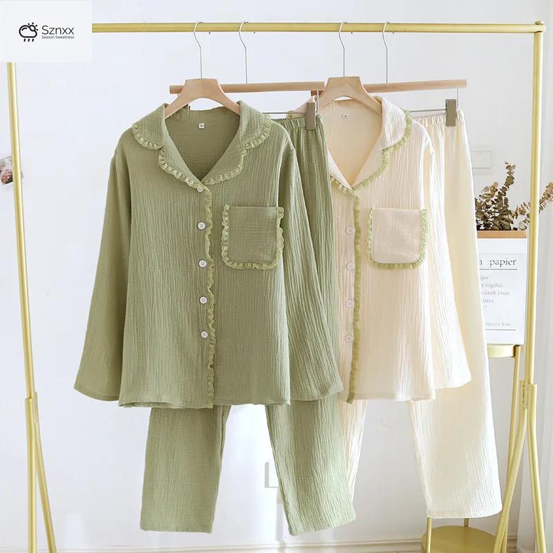 Womens Crepe Cotton Lapel Pajama Set Loose Fit