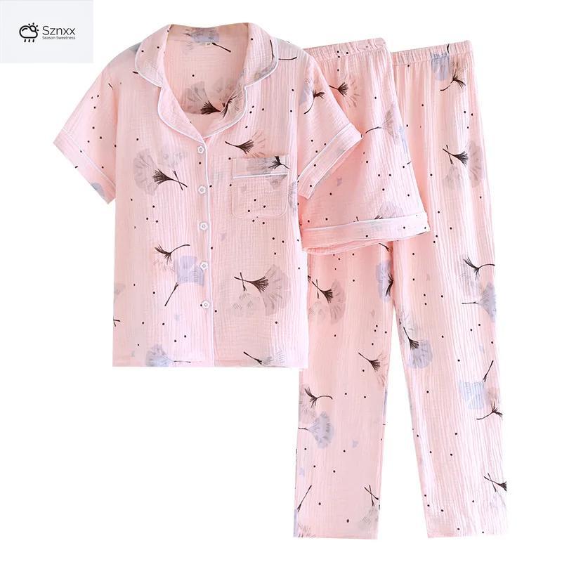 Womens Breathable Cotton Crepe Pajama Three-piece Set