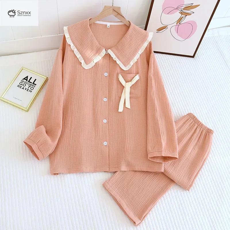 Soft Cotton Crepe Long-sleeve Pajama Lounge Set