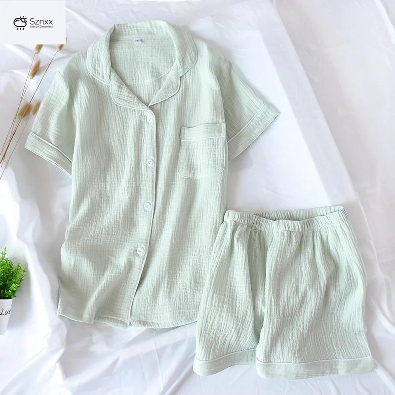 Womens Breathable Double-layer Crepe Gauze Pajama Set