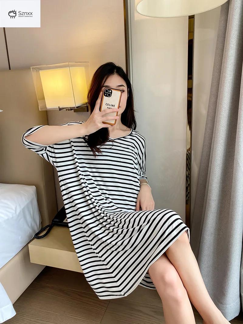 Striped Modal Short-sleeve Nightgown With Skirt Hem