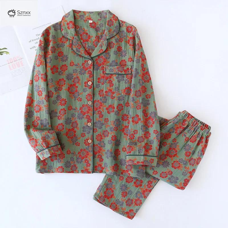 Floral Crepe Cotton Long-sleeve Pajama Lounge Set