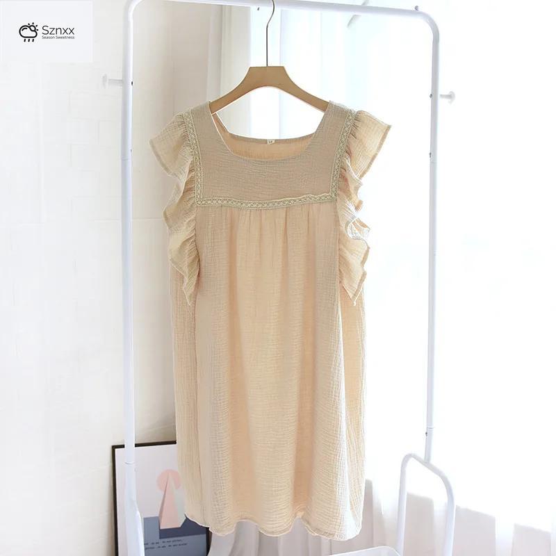 Womens Cotton Lotus Sleeve Summer Nightdress Skirt