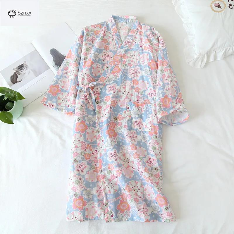 Floral Cotton Gauze Kimono Robe Mid-length Loungewear