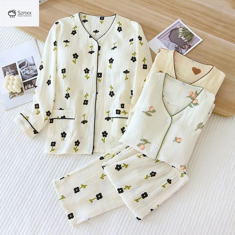 Floral Crepe Cotton Long-sleeve Pajama Set With Chest Pad