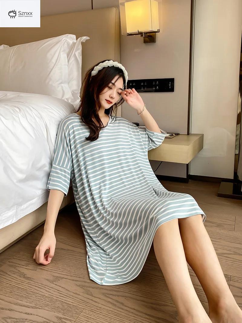 Striped Modal Short-sleeve Nightgown With Skirt Hem