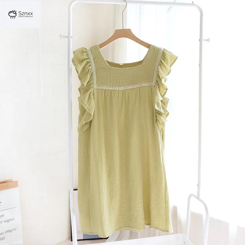 Womens Cotton Lotus Sleeve Summer Nightdress Skirt