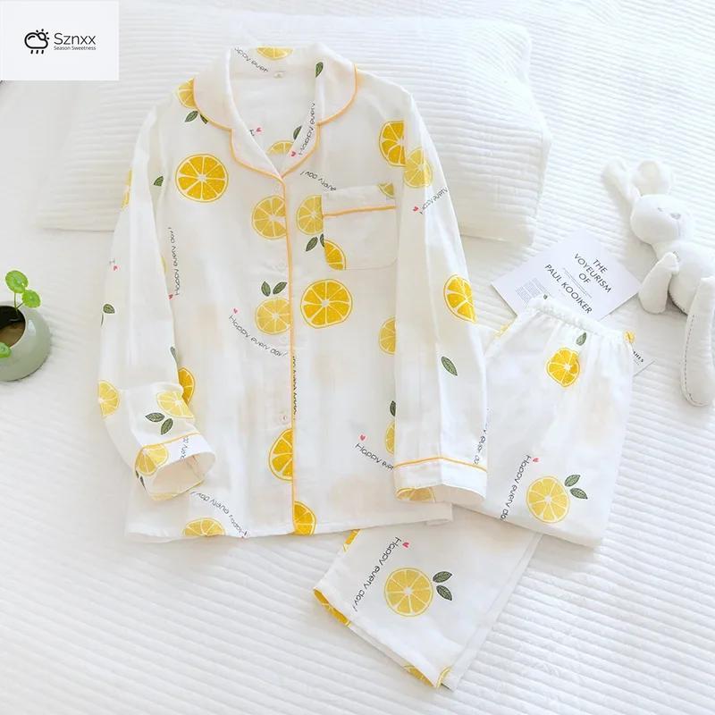 Womens Cotton Gauze Lapel Pajama Set