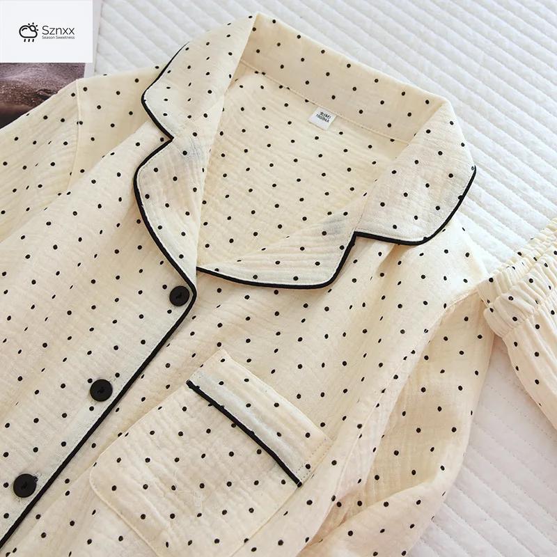 Polka Dot Cotton Crepe Pajama Set Long-sleeve