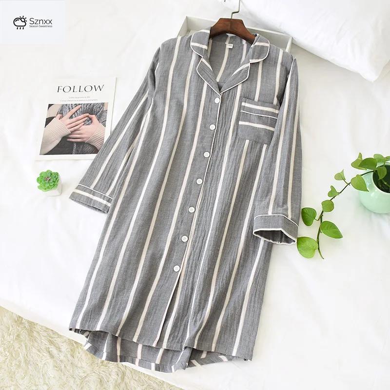 Striped Cotton Knee-length Women’s Long-sleeve Nightgown