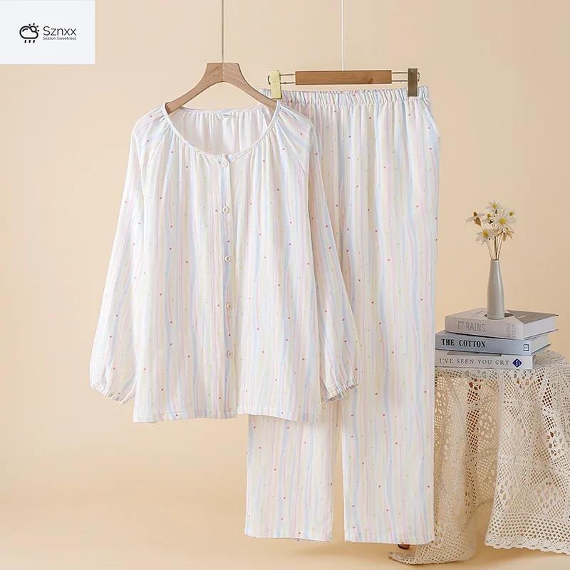 Womens Cotton Gauze Long-sleeve Pajama Cardigan Set