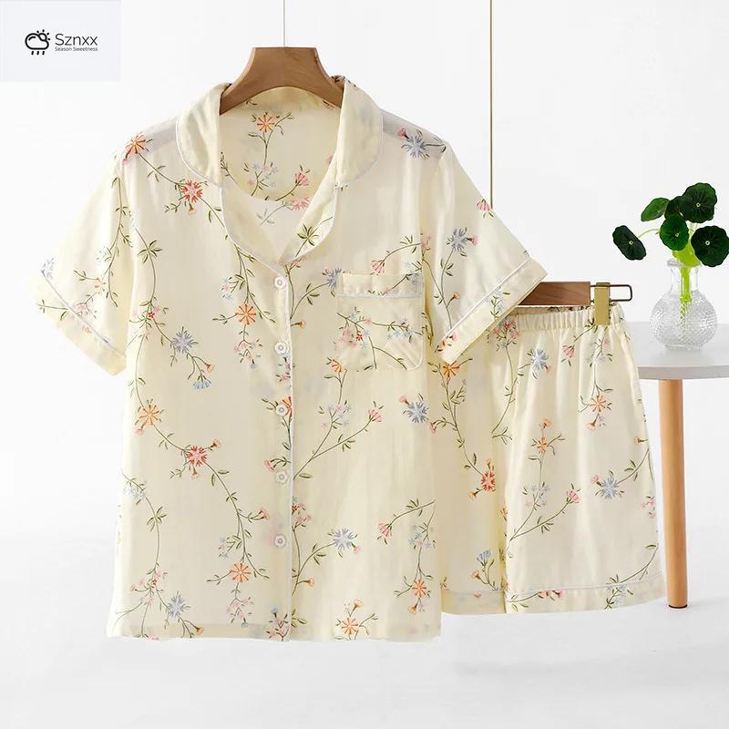 Womens Floral Cotton Gauze Pajama Shorts Set