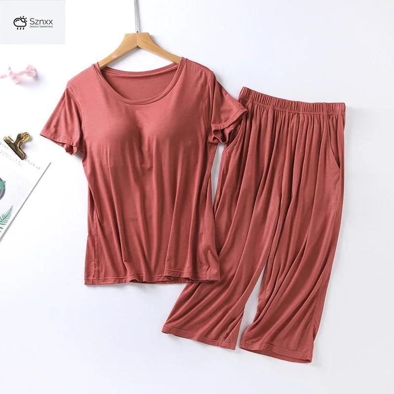 Soft Modal Pajama Set With Chest Pad Cropped Trousers