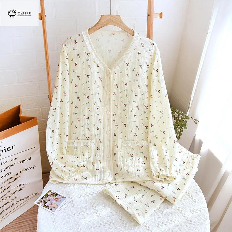 Womens Floral Crepe Cotton Long Sleeve Pajama Set