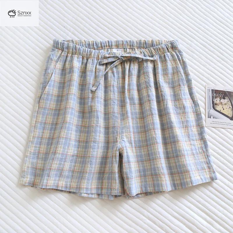 Checkered Cotton Couple Sleep Shorts Loose Fit