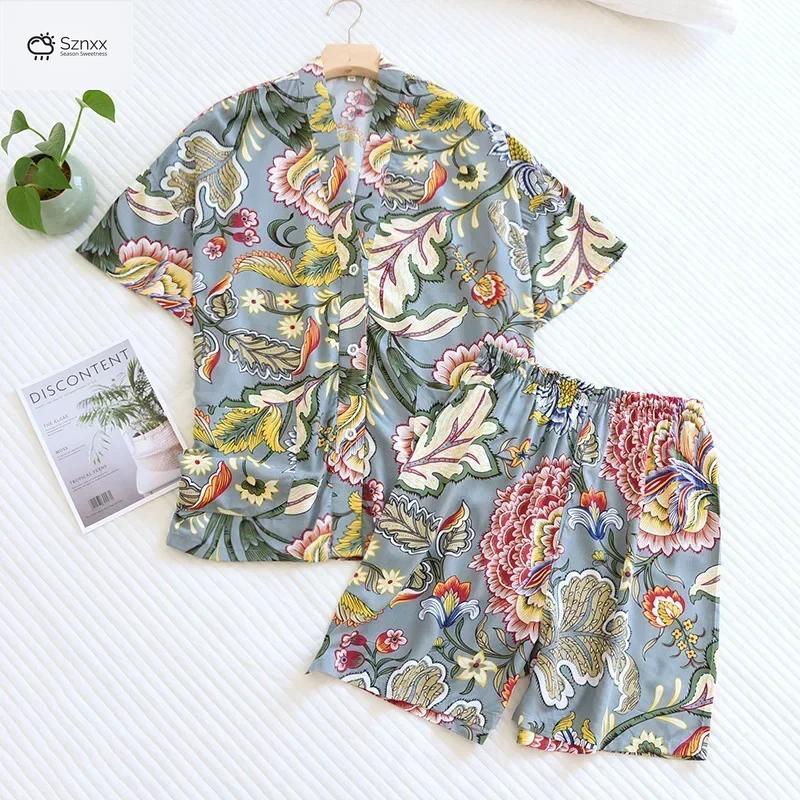 Floral V-neck Viscose Pajama Shorts Set