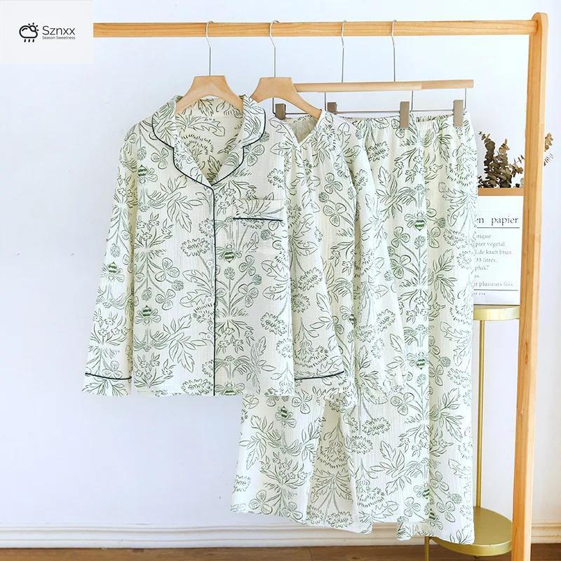 Womens Pure Cotton Crepe Long-sleeve Pajama Set
