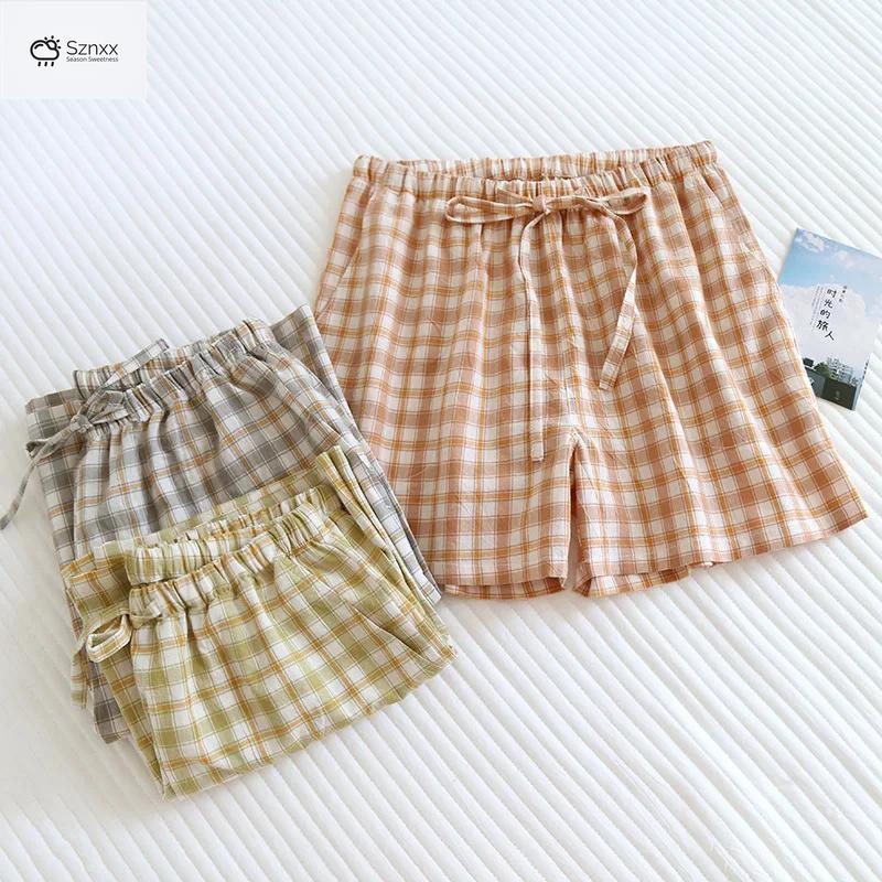 Checkered Cotton Couple Sleep Shorts Loose Fit