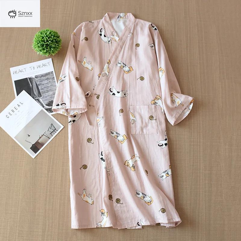 Japanese Cotton Floral Kimono Nightgown With Three-quarter Sleeves