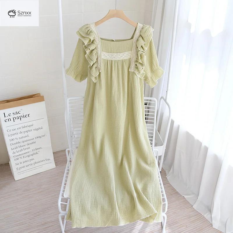 Palace-style Cotton Crepe Lotus Sleeve Nightdress