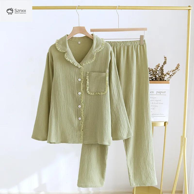 Womens Crepe Cotton Lapel Pajama Set Loose Fit