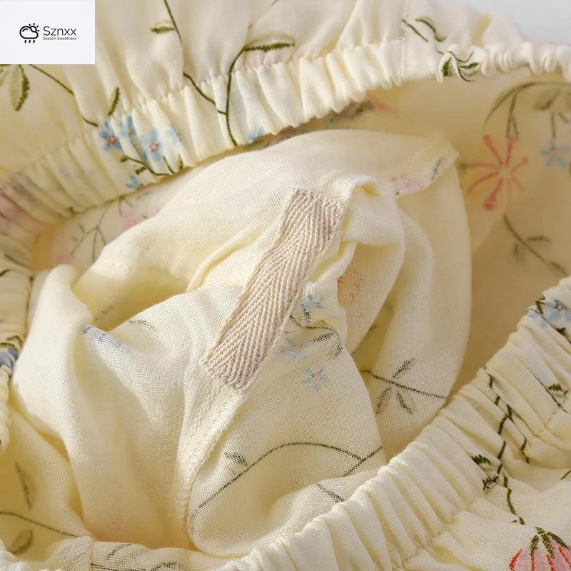 Womens Floral Cotton Gauze Pajama Shorts Set
