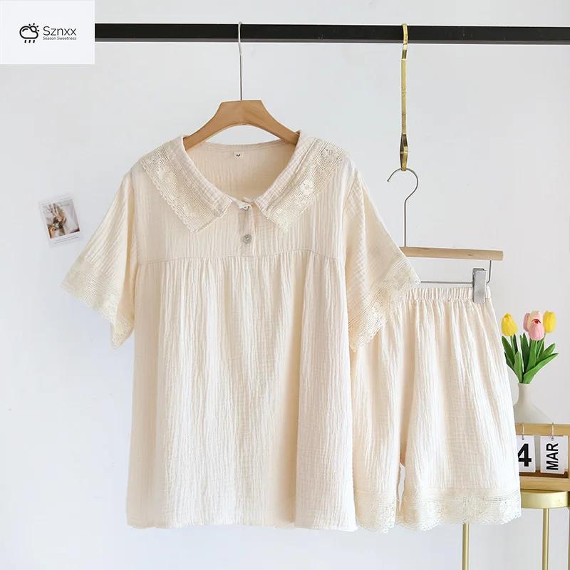 Japanese Cotton Crepe Lace Pajama Shorts Set