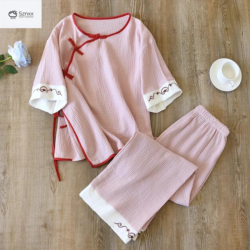 Chinese Cotton Pajama Set With Three-quarter Sleeves