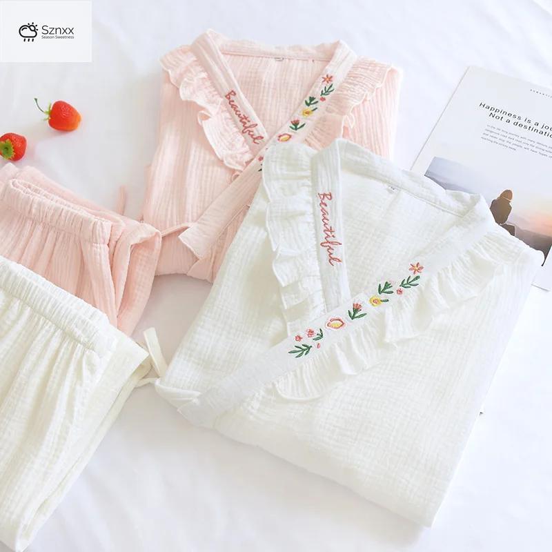 Japanese Cotton Crepe Kimono Pajama Two-piece Set