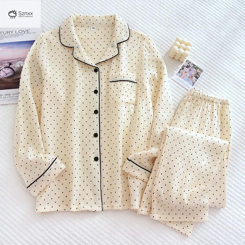 Polka Dot Cotton Crepe Pajama Set Long-sleeve